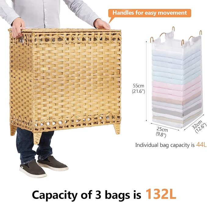 Laundry Hamper with 3 Removable Liner Bags, 132L Laundry Sorter with Lid - Image 4