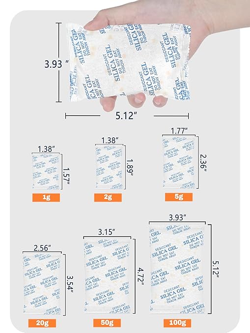 5 Gram (200 Pack) Color-Indicating Silica Gel Packets, Premium Food Grade Desiccant - Rechargeable Moisture Absorbers for Food Storage, Electronics, 3D Filament & Safes