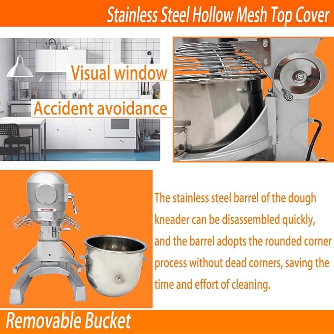 110V Commercial Dough Mixer with 3 Types of Mixing Tools, 30L Stainless Steel Dough Kneading Machine, 1250W Adjustable Speed Bakery Equipment, Safety Lid Lock & Auto Stop Function