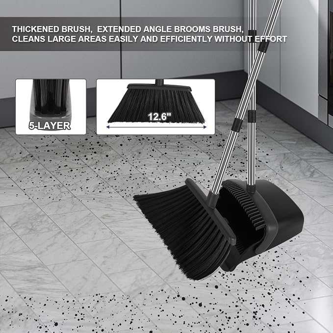 Black Broom and Dustpan Combo Set, Extended Reach Design, Built-in Comb Dustpan - Image 8