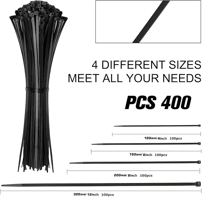 Cable Zip Ties, 400 Pack Black Assorted Sizes 12+8+6+4 Inch, Plastic Wire Ties - Image 2