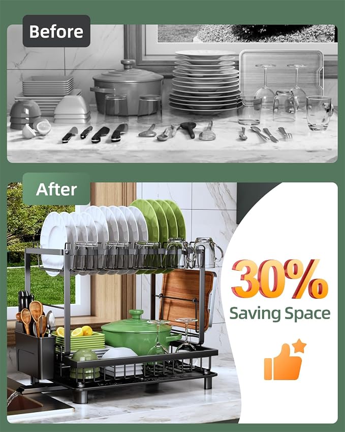 2-Tier Dish Drying Rack for Kitchen Counter, Space-Saving, Auto Drain Spout - Image 3