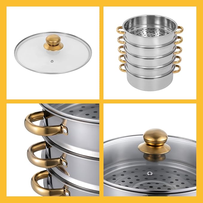 Steamer 30*47cm/11.81*18.5in, 5-tier Stainless Steel Steam Cooker w/ Clear Lid & Gold Anti-scald Handles, Home Stackable Multipurpose Steam Pot for All Hobs (1x1.32Gal Bottom Pan, 4xSteamer Baskets)