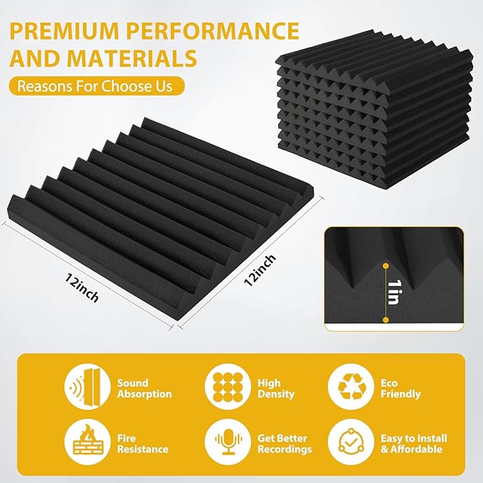 Acoustic Foam Panels 48 Pack 1" x 12"x 12" Saiqiang Red Soundproofing Panels Wedges for Wall Noise Absorbing and Sound-Damping Fire-Resistant Sound Proof for Studio, Gaming Room