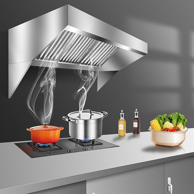 6FT Commercial Kitchen Exhaust Hood, Wall Mount Stainless Steel Vent Hood with Detachable u-Shaped Grease Filters, Rust-Resistant Restaurant Range Hood for Food Truck Cooking Sttion Concession Traile