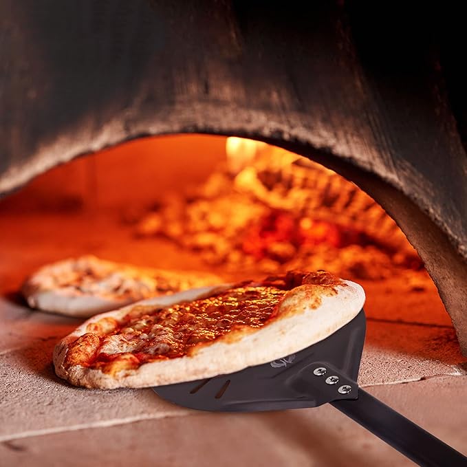 Pizza Turning Peel 9 Inch Perforated Pizza Peel and Pizza Brush Ash Rake 4 Piece Wood Fired Commercial Pizza Oven Utensil Kit with 40-Inch Aluminum Handle