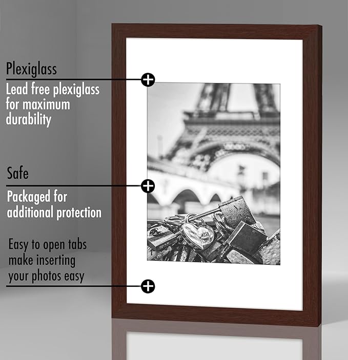Americanflat 8x12 Picture Frame with Polished Plexiglass - Set of 5 - Use as 6x8 Frame with Mat or Display 8x12 Photo Without Mat - Galleria Collection - Picture Frames for Wall Display - Mahogany