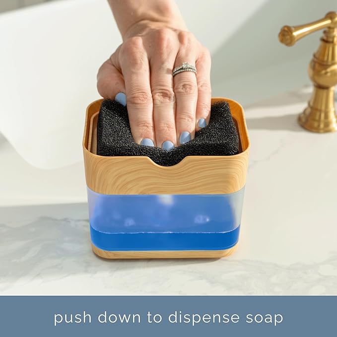 S&T INC. Dish Soap Dispenser and Sponge Holder, Plastic Bamboo | Patented Design - Image 2