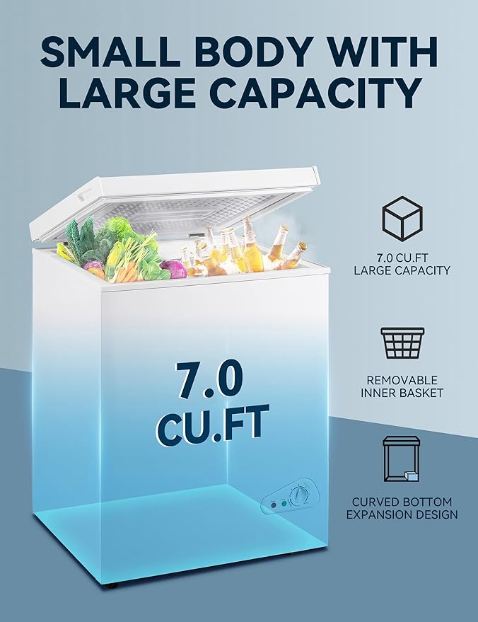 7.0 Cu Ft Chest Freezer - Energy Efficient & Quiet Mini Freezer with Adjustable Thermostat - Compact Deep Freezer for Home, Apartment, and Garage - Removable Basket & Defrost Drain