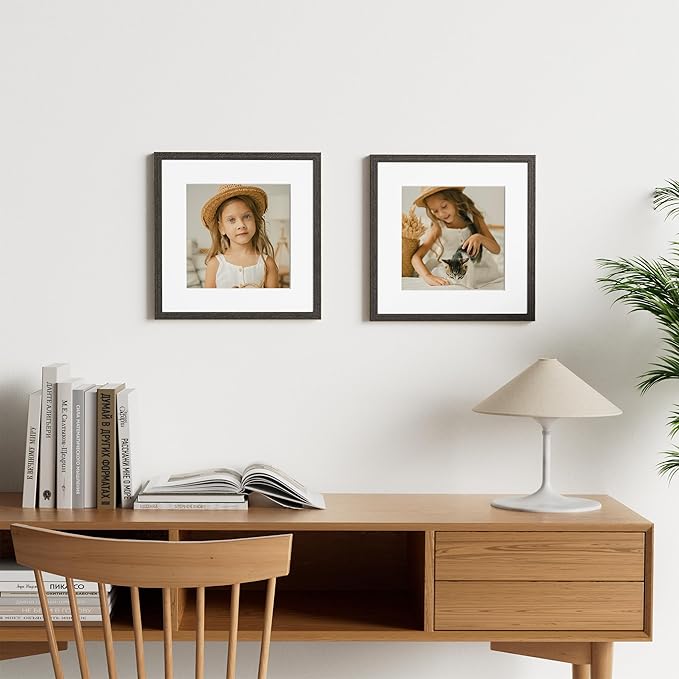 Vittanly 12x12 Picture Frame Set of 2, Solid Wood Frame for Wall Art Photo and Prints, Display Photo 8x8 with Mat or 12x12 without Mat, Black