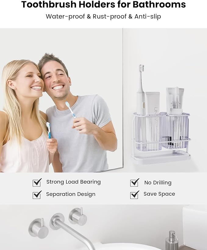Clear Toothbrush Holders for Bathroom, 2 Cups Wall Mounted, Dry & Wet Separation - Image 3