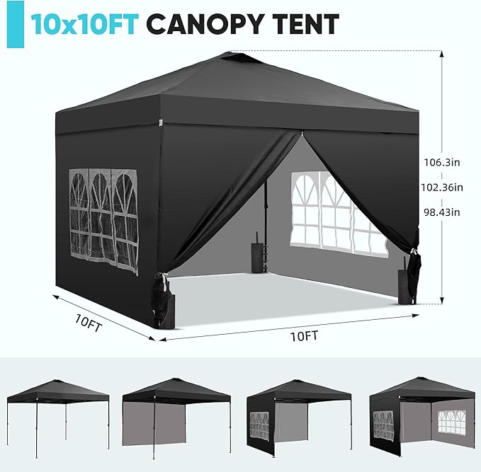 Saemoza 10x10 Pop Up Canopy Tent with One Push Setup, Portable Sun Shade Tent, Instant Easy Up Canopy with 4-Sidewalls & Handbag, Outdoor Fldable Gazebo with Vent Top, Black.