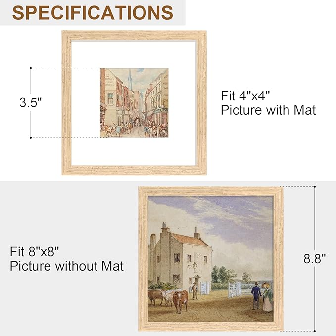 Vittanly 8x8 Picture Frame, Solid Wood Frame with Plexiglass, Includes 4x4 Mat, Wall Hanging or Tabletop for Home Decor, Natural, 1 Pack