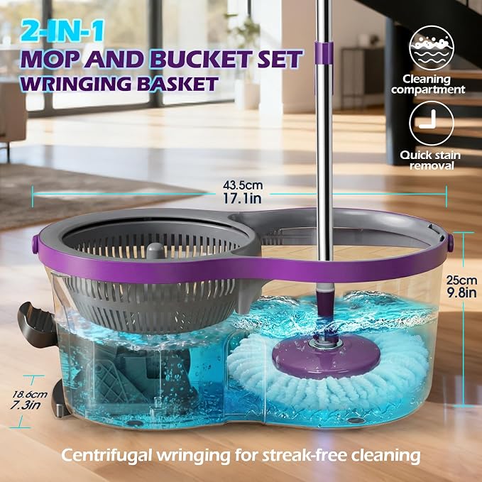 Spin Mop and Bucket with Wringer Set, Masthome 360°Spinning Bucket System with - Image 2