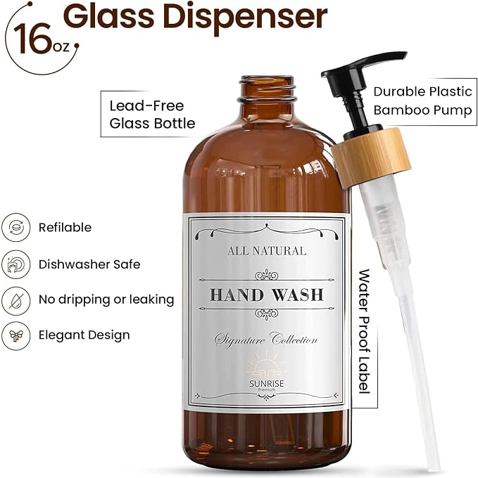Sunrise Premium Amber Glass Soap Dispenser, Bamboo Pump - Image 2