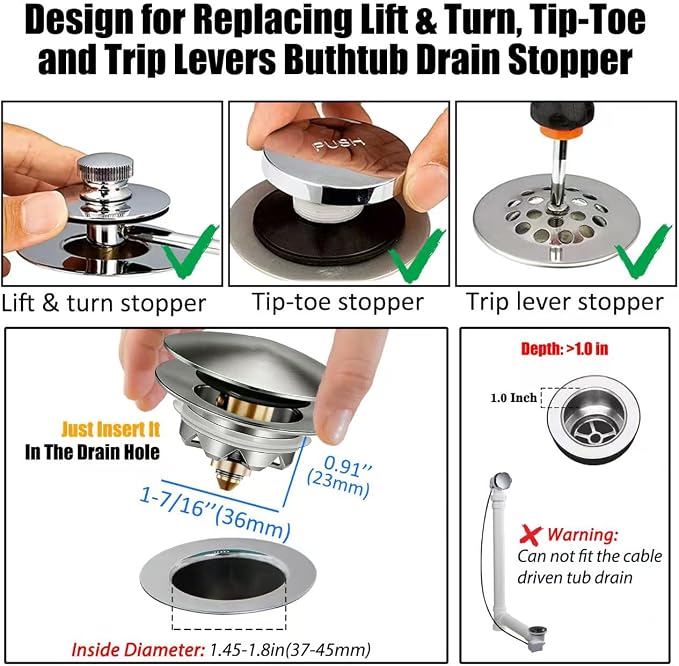 Anlige Bathtub Drain Stopper, Pop Up Tub Stopper and Cover, Bottom - Image 2