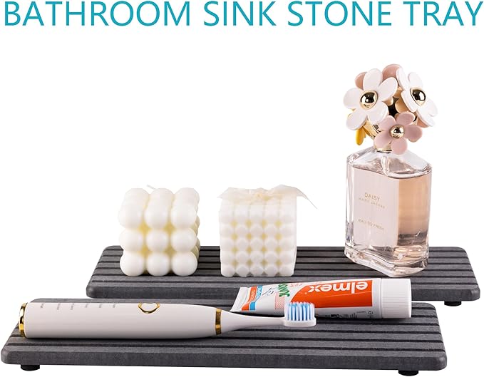 2 PCS Water Absorbent diatomite Coasters, 12.2" x 4" Water Absorbing Stone Tray for Sink, Stone Drying mat for Kitchen Counter, Stone soap Tray Used for Hand Soaps & toiletries & Plants