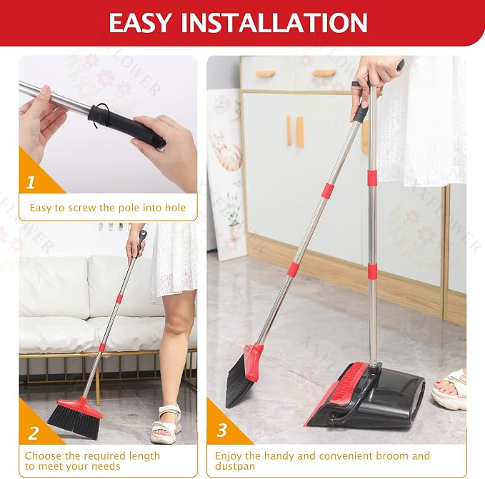 Broom and Dustpan Set, 54.72"Long Handle, Standing Dustpan, Upright Dustpan - Image 7