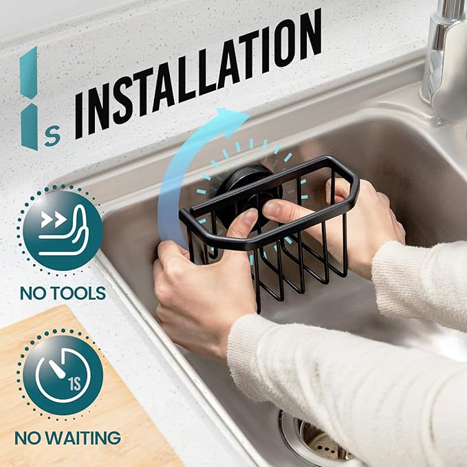 TAILI Sponge Holder with Strong Suction Cup, Dish Sponge Caddy Inside Sink Removable, Rustproof Aluminum for Sponges, Brushes, Stoppers and Scrapers - Black