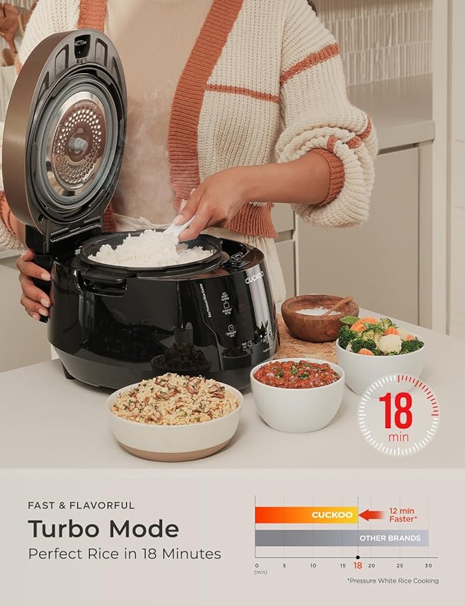 CUCKOO High Pressure Rice Cooker 6-Cup Uncooked / 12-Cup Cooked with Nonstick Inner Pot, Versatile Rice Maker with 12 Menu Options and Steam Plate, Fuzzy Logic Tech, Voice Guide, Black (CRP-P0609S)