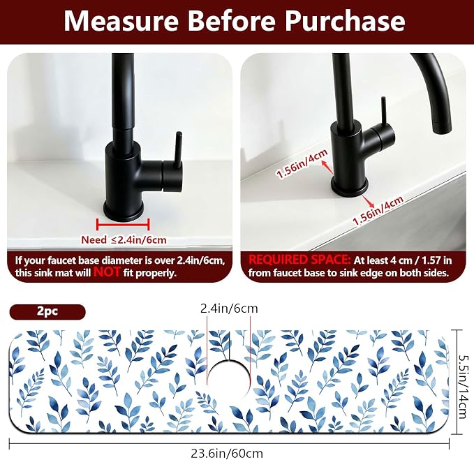 2 Pcs Kitchen Sink Splash Guard Faucet Mat Watercolor Blue Leaves Faucet Mat - Image 2