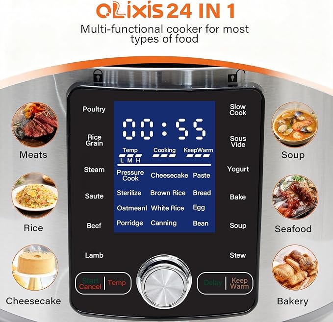 OLIXIS Electric Pressure Cooker 6.34Quart, 24 Functions in 1, Stainless Steel Pressure Cooker for Canning, Slowcook, Yogurt, Steam, Rice Grain, Soup, Bean, Poultry, Beef, Bake, Stew, Porridge