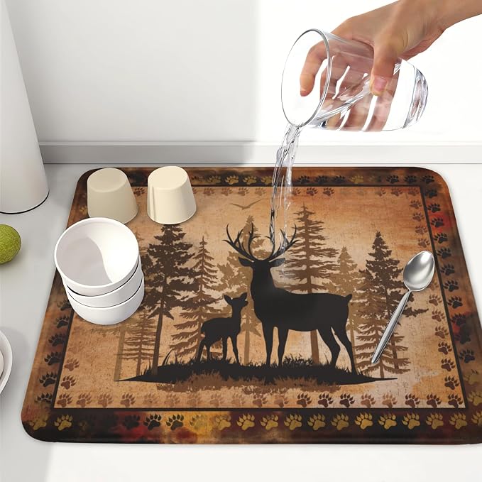 Giwawa Forest Deer Dish Drying Mat Wildlife Animal Dishes Pad 16"x18" - Image 6