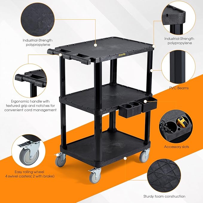 ELAFROS Heavy Duty Utility Cart, 27.5 x 18.25 Inch, 3-Tier Rolling Cart, Industrial Plastic, 330 lbs Capacity, Flat Top Shelves with Swivel Wheels - Multipurpose Work Cart