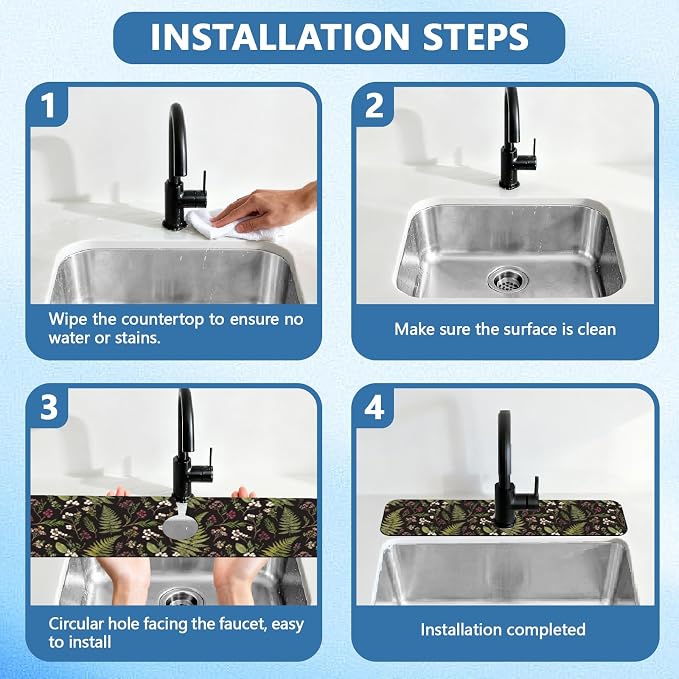 2 Pcs Kitchen Sink Splash Guard Faucet Mat Vintage Fern and Berries Pattern - Image 4