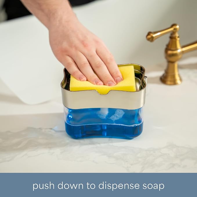 S&T INC. Dish Soap Dispenser and Sponge Holder, Metallic Silver | Holds 13 - Image 2