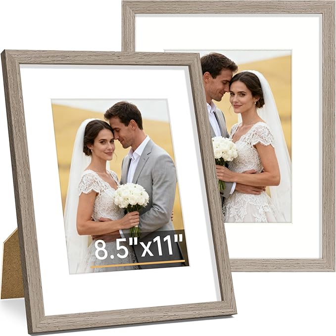 Vittanly 8.5x11 Picture Frame Set of 2, Solid Wood Frame for Wall or Tabletop, Display Photo 6x8 with Mat or 8.5x11 without Mat, Light Brown