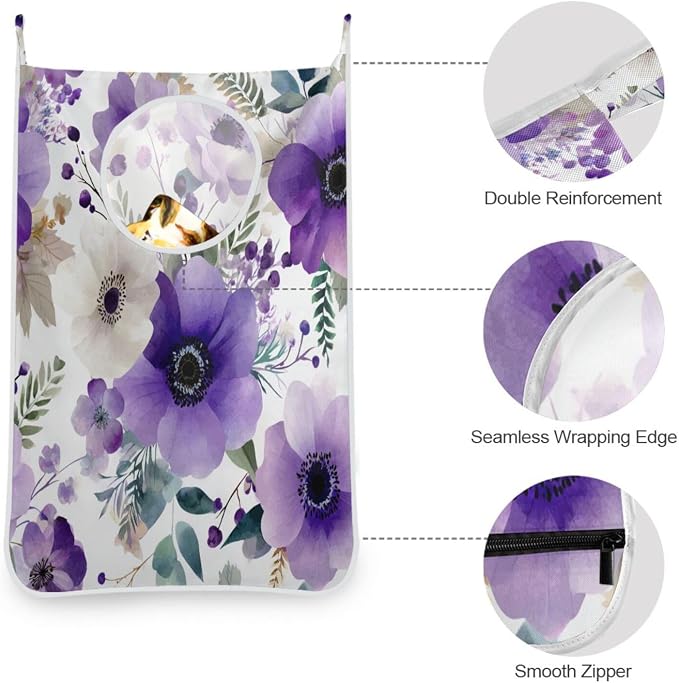 Purple and White Silver Lotus Flowers and Berries Hanging Laundry Hamper Door - Image 5