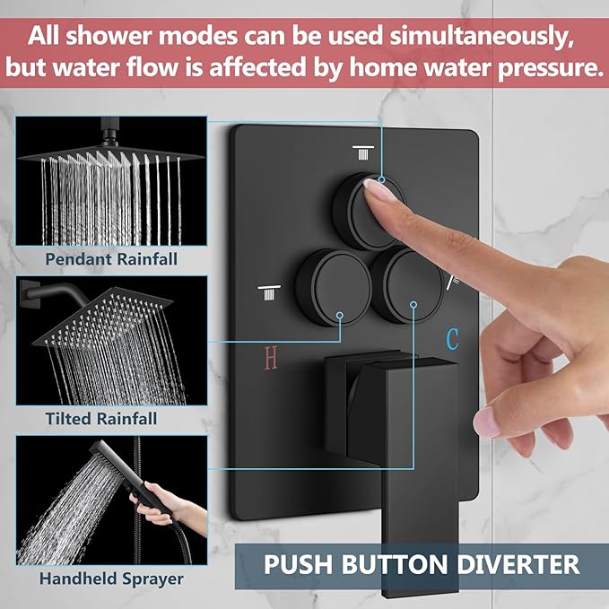 Aolemi Shower Faucet Set Ceiling Mount Shower System Rough-in Valve and Shower Trim Kit 2 in 1 Handheld Spray Push Button Diverter 16 and 6 Inch Dual Shower Head Matte Black