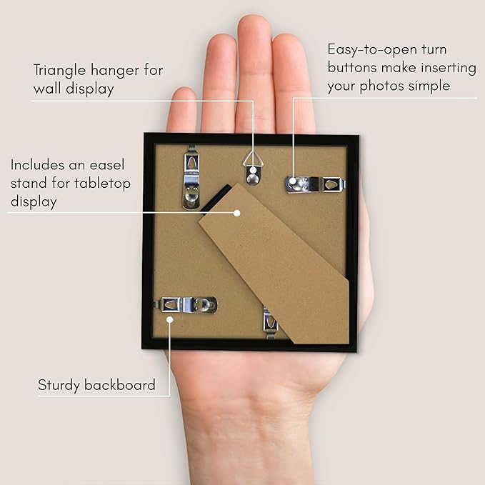 Americanflat 4x4 Picture Frame with Shatter-Resistant Glass - Streamline Collection - Thin Border Square Frame for Tabletop and Wall Display - Hanging Hardware and Easel Stand Included - Black