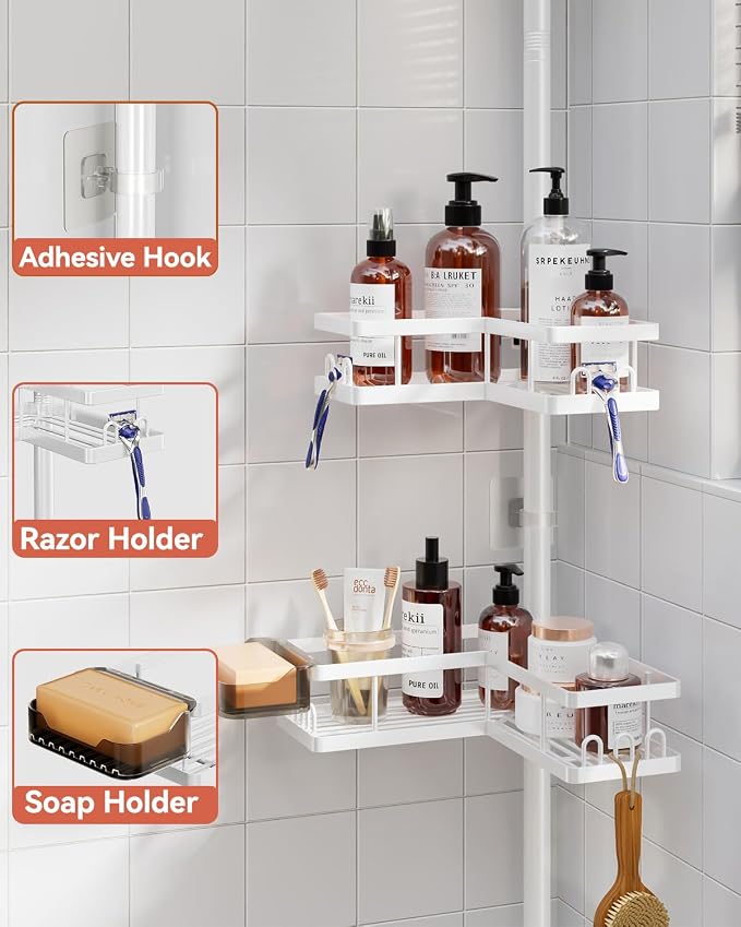 YASONIC Corner Shower Caddy Tension Pole, 25.7-109.1in Adjustable Shower Shelves - Image 7