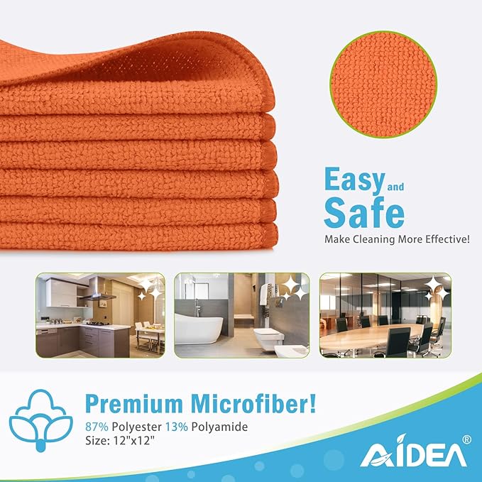 AIDEA Orange Microfiber Cleaning Cloth-12PK, Cleaning Rags 12"x12" Reusable | - Image 2