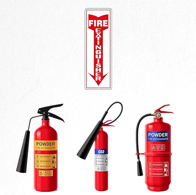 Fire Extinguisher Sign, (4 Pack) Self Adhesive Fire Extinguisher Sticker Signs for Indoor Outdoor, Rust Free Reflective Aluminum Metal Signs for Wall and Door (12 x 4 inches, White/Red)
