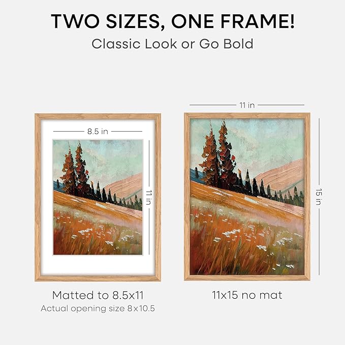 Homeforia 11x15 Picture Frame Wood, High End Natural Oak 11x15 Light Wooden Poster Frames with Mat 8.5x11, 11 x 15 Frame Matted to 8.5 x 11 Photo, 15x11 Thin Frames, Tempered Glass, Wall Kit, Set of 2