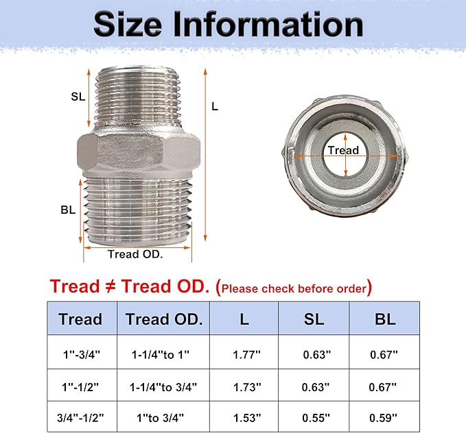 ZOUNI 2pcs Reducing Hex Nipple, 304 Stainless Steel 1" NPT Male x 3/4" NPT Male Pipe Fitting Reducer Nipple Adapter 2000psi Reducer Straight Connector (2pcs, 1"-3/4")