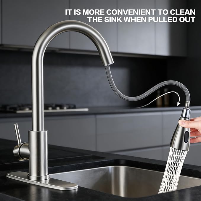 Kitchen Faucet with Pull Down Sprayer，Brushed Nickel, Kitchen Sink Faucet，High - Image 3