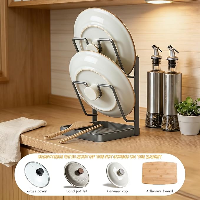 2Pack Kitchen Pot Lid Storage Rack, Space-Saving Kitchen Pot Cover Organizer Stand, Pot-Lid Cutting Board Holder With Removable Drip Tray (Double-layer)