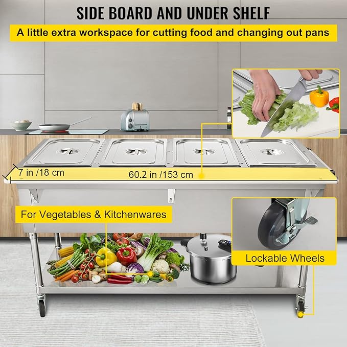 VEVOR Commercial Electric Food Warmer, 4-Pot Steam Table Food Warmer 0-100℃ w/ 2 Lockable Wheels, Professional Stainless Steel Material for Catering and Restaurants