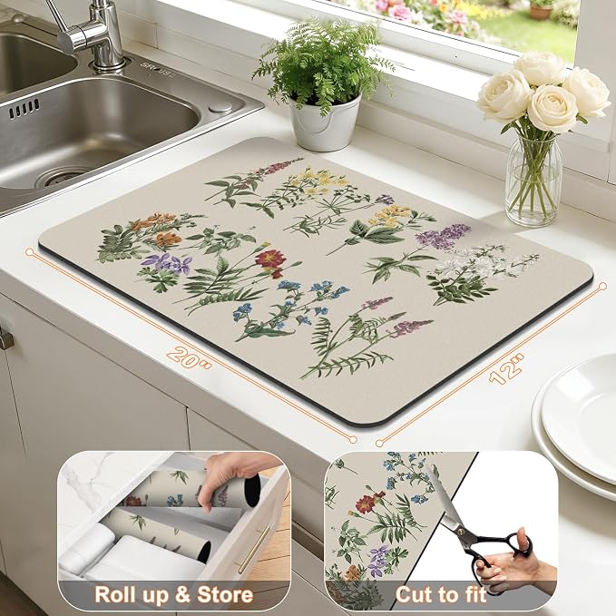 LOKHOM 12"x20" Dish Drying Mat，Vintage Sage Flower Herb Coffee Mat | Ultra - Image 2