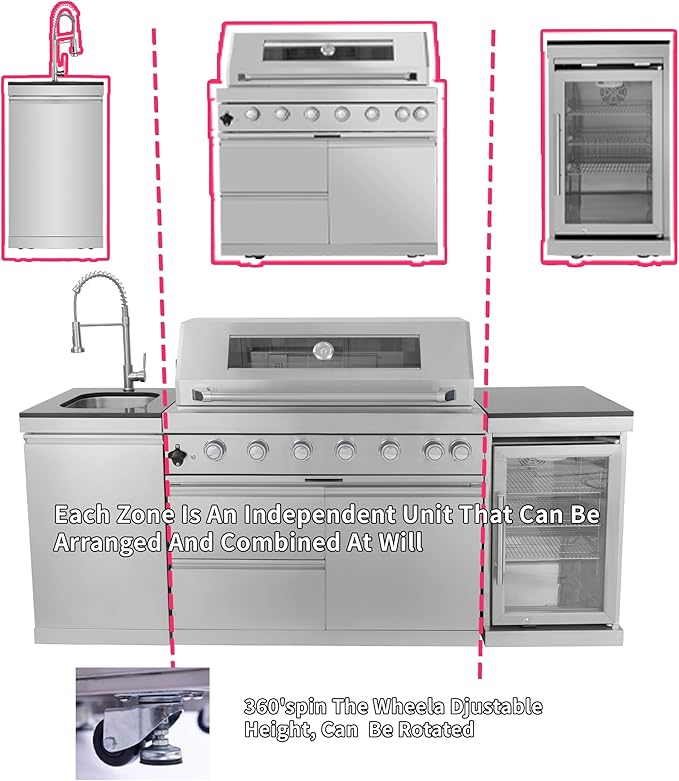 82 Inches 6-Burner 85000 BTU Deluxe Stainless Steel Propane Gas Outdoor Kitchen Bar Barbecue Island Grill with Wine Cooler, Compact Refrigerator, Rotisserie, Granite Countertops & Storage, Silver