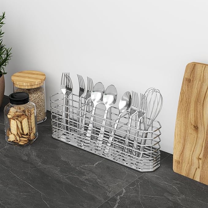 304 Stainless Steel Utensil Holder, Silverware Drying Rack with Hooks for Dish Drainer, Knife and Fork Drainer Basket with 3 Divided Compartments, Kitchen Drainage Basket Accessories, Rust Proof