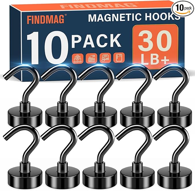 FINDMAG Black Magnetic Hooks for Cruise Cabins, 10 Pack 30LB+ Magnet Hooks by FINDMAG