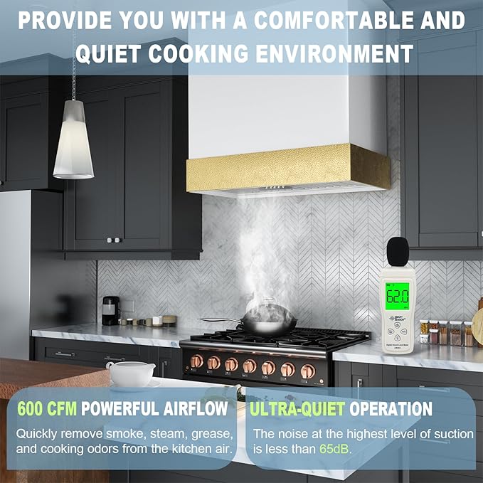 Akicon Range Hood 36 Inch, Stainless Steel Ducted Kitchen Hood with Powerful Motor, Wall Mount Modern Box, 36W X 30H X 14D Inch, AK-HS36HA-SWG (Signal White with Gold)