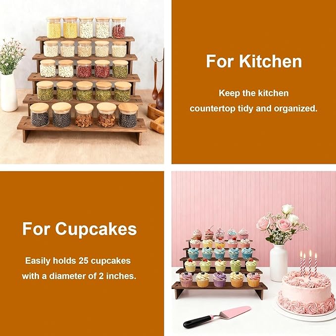 5 Tier Cup Cake Stand - Rustic Wooden Cupcake Stand, Tiered Wood Riser Display Stands, Multi-Functional Uses - as Dessert Stands, Vendor Display Shelves, Spice Rack, Easy to Install