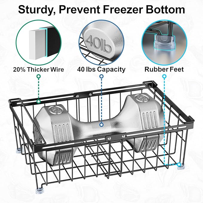 iSPECLE 4 Pack Freezer Organizer Bins, Adjustable Wire Baskets for 10 to 20 Cu.Ft Chest Freezer, Stackable Storage with Handles, Deep Freeze Organizer for Meat & Vegetables, Black