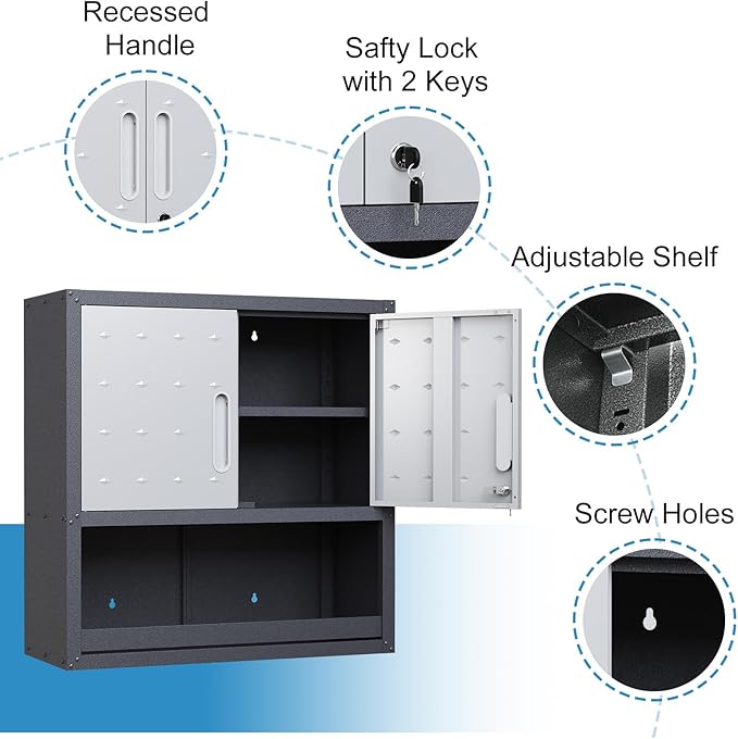 Garage Cabinet Wall Mounted with Doors and Opening Drawer, Heavy Duty Metal Garage Wall Cabinets Hanging Cabinets with Lock Tool Cabinet for Kitchen Warehouse, Assembly Required